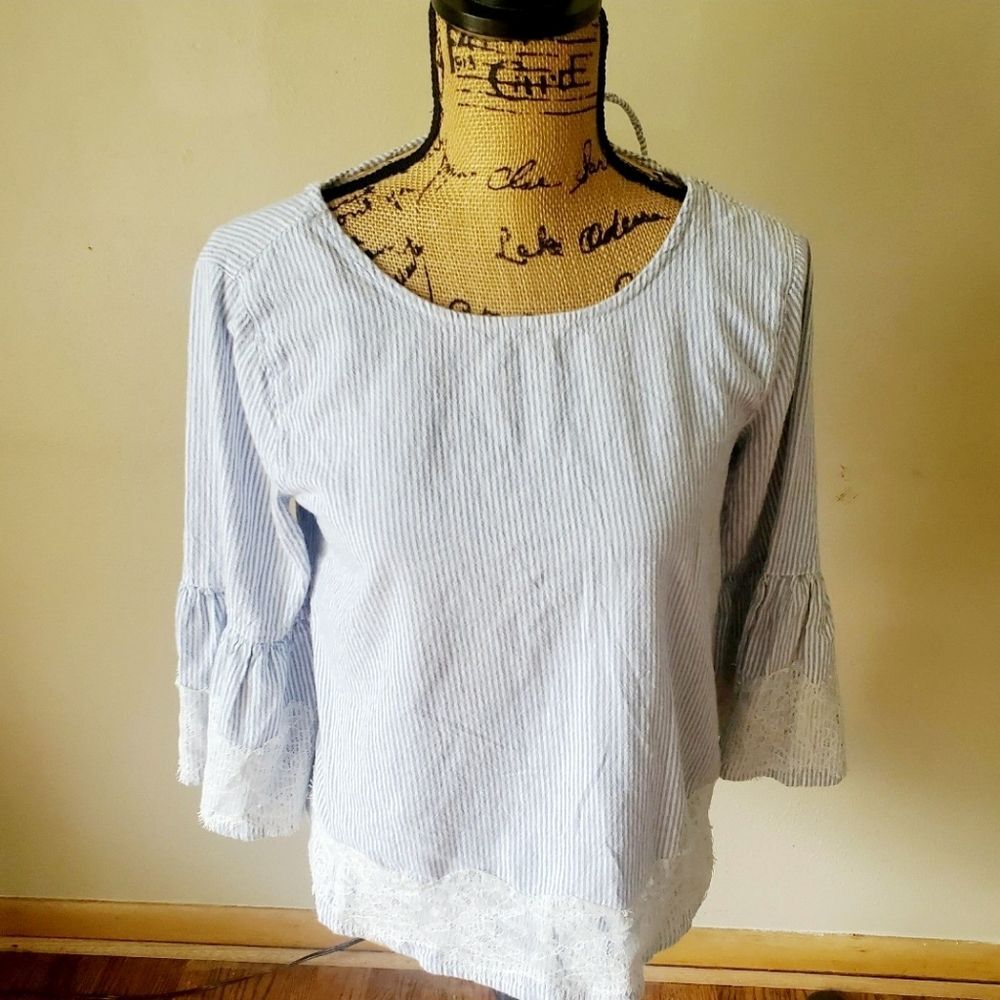 Jun & Ivy Blue Striped Coastal Lace Detail Bell Sleeve Tie Back Peasant Top S